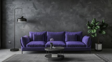 Living room with a bright cornflower blue sofa - very peri color 2022. Lamp, table and gray empty wall. Plaster stucco for concrete or cement. 3d render