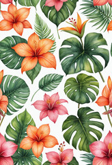 clipart-set of soft watercolor of tropical flower leaves,orchid, strelitzia, hibiscus, protea, anthurium, palm, monstera leaves,in the style of green pink orange yellow color, bright colors,profession