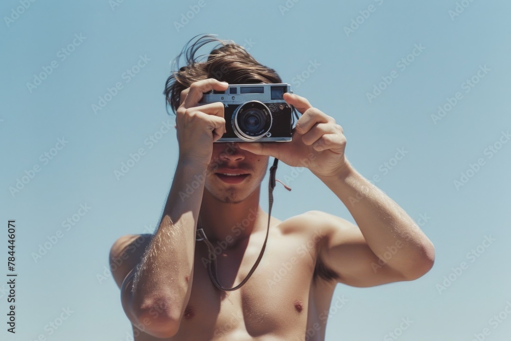 Poster a man capturing a moment with a camera. suitable for photography concepts