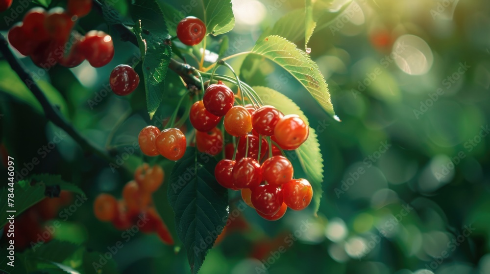 Poster a close up of ripe cherries on a tree, suitable for food and nature concepts
