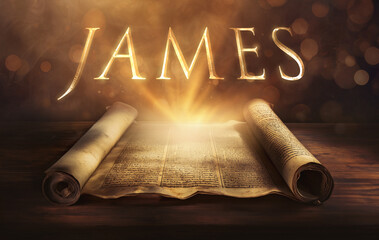 Glowing open scroll parchment revealing the book of the Bible. Book of James. Faith, wisdom, trials, perseverance, works, speech, humility, obedience, practical, righteousness - obrazy, fototapety, plakaty