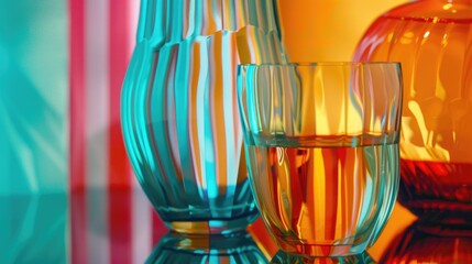 A close up of a glass of water next to a vase. Suitable for home decor concepts