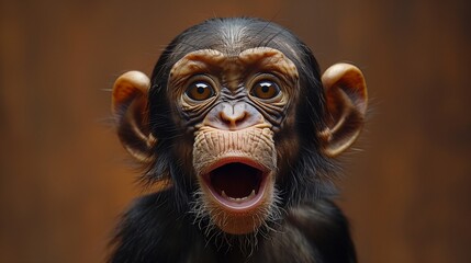 A cute sticker of a giggling monkey, situated on a solid brown background, bringing its mischievous...