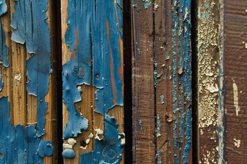 Peeling paint on wooden fence close up