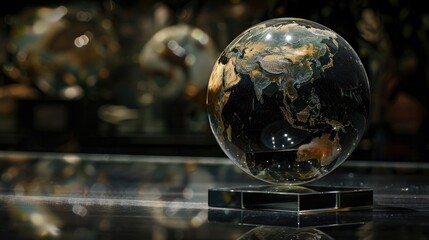 A glass globe resting on a table. Ideal for business and travel concepts