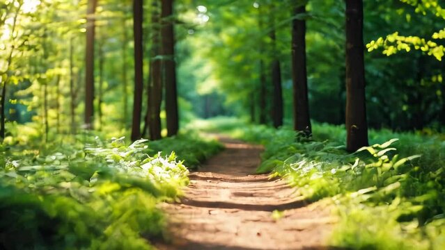 A sunny forest path winds through a green landscape of tall trees