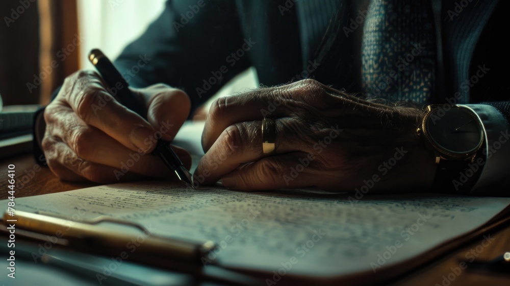 Poster close up of a person writing on a piece of paper. suitable for educational and office-related concep