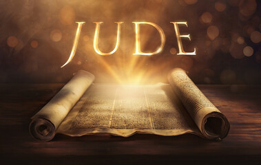 Glowing open scroll parchment revealing the book of the Bible. Book of JUDE. Warning, exhortation, confrontational, urgent, doctrinal, denunciation, apostasy, judgment, defense, concise