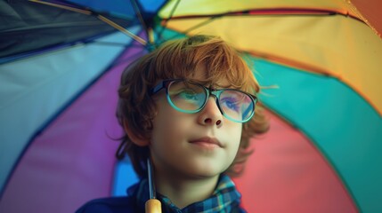 A young boy with glasses holding an umbrella. Ideal for weather or education concepts