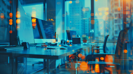 A sleek executive office desk featuring a high-tech style with a computer monitor and keyboard placed on top,Abstract business modern city urban futuristic architecture background.  - obrazy, fototapety, plakaty