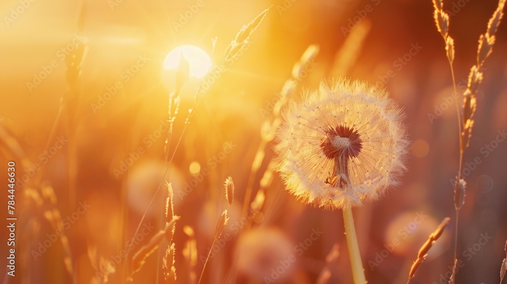 Poster Close-up view of a dandelion in a field, suitable for nature or botanical concepts