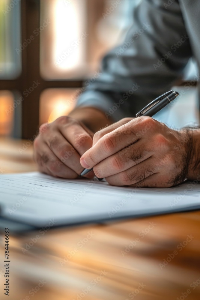 Poster a man sitting at a table writing on a piece of paper. suitable for business and education concepts
