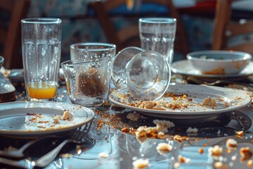 A cluttered table with leftover plates and glasses, perfect for restaurant or catering concepts