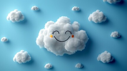 A cute sticker of a smiling cloud, portrayed on a solid blue background, evoking a sense of happiness and tranquility with realistic details worthy of an HD camera