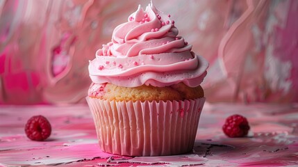 A cute sticker of a sweet cupcake, positioned on a solid pink background, capturing its tempting details and delicious colors in high-definition as if photographed by an HD camera