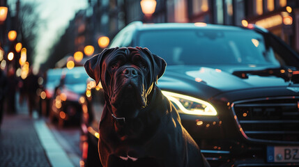 dog in front of a car