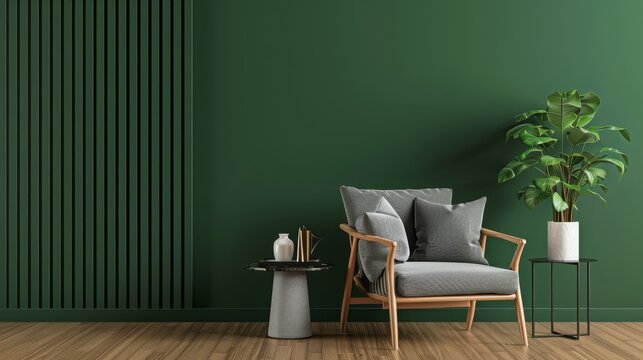 Lounge area in rich green colour. Emerald background for art, picture or wallpaper. A gray armchair and a black table are a cozy design project. Mockup room with furniture. 3d rendering