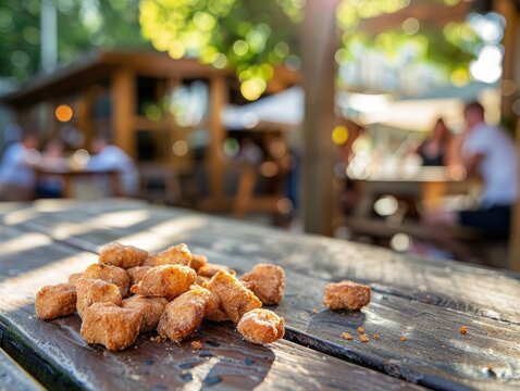 Small pieces of fried pork meat on a wooden table, outside in a restaurant during the summer with copy paste.