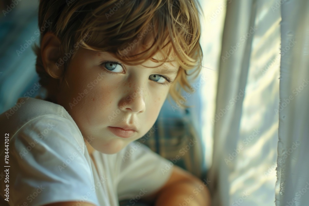 Poster young boy peering out of a window, suitable for various concepts and designs