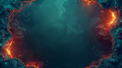 A fiery border encapsulates a mysterious blue, underwater-styled centre.