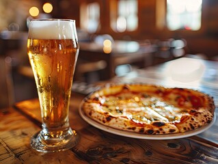 Enjoying a pizza and beer in a cozy, well-lit restaurant.