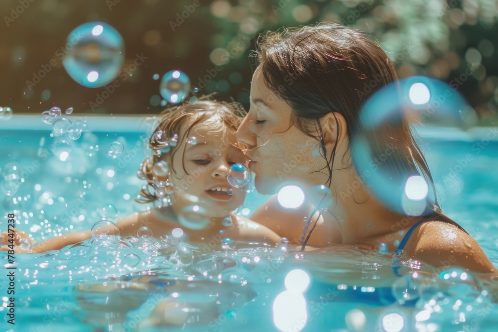 Aufkleber a woman and a child enjoying in a pool with bubbles. suitable for lifestyle and family-themed design
