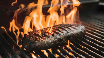 Flame grilled meat cooking on flames