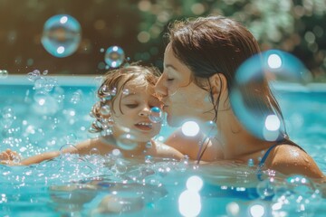 A woman and a child enjoying in a pool with bubbles. Suitable for lifestyle and family-themed designs