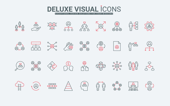 Structure and hierarchy of corporate company, department organization line icons set. Org chart with director and team of employees, workforce thin black and red outline symbols, vector illustration
