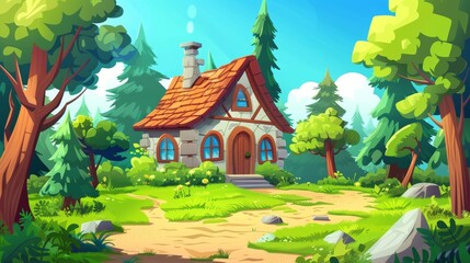 Cozy fairy house or witch hut in sunny summer wood cartoon game background with a wooden roof. Stone house in forest with wooden roof on green field surrounded by conifers, Modern illustration.