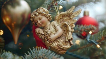 Fototapeta premium A beautiful gold angel ornament hanging from a Christmas tree. Perfect for holiday decorations