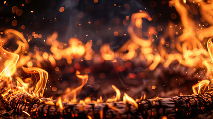 Close-up of embers and flames consuming the wood of a campfire.