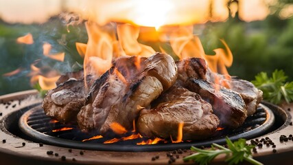 Flame grilled meat cooking on flames