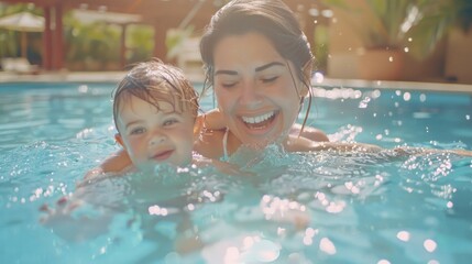 A woman and a child enjoying in a swimming pool, suitable for family and leisure concepts
