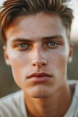 Obraz premium Close up portrait of a young man with freckles. Suitable for skincare and beauty concepts