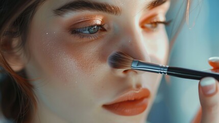 Close up of a person using a makeup brush. Ideal for beauty and cosmetics concepts