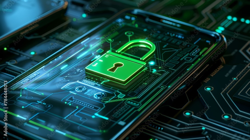 Poster a 3d illustration of a privacy protection concept with a green padlock and shield, isolated on a whi