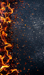 Sparks fly as flames lick the edge of a dark, smoky backdrop. - obrazy, fototapety, plakaty