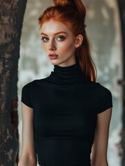 Naklejka premium Woman with red hair wearing black dress