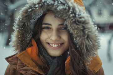 A woman wearing a brown jacket with a fur hood, suitable for winter fashion concept