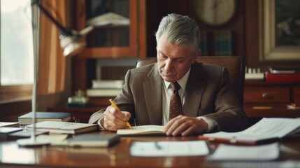 A man sitting at a desk writing in a book. Suitable for educational or business concepts