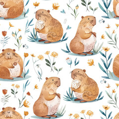 fabric pattern, seamless, beautiful capybaras repeating pattern, with cute stuff