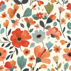 A colorful floral pattern with a variety of flowers and leaves. The flowers are arranged in a way that creates a sense of movement and harmony. Scene is cheerful and uplifting, as the bright colors