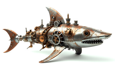A metallic robot in the shape of a shark. Steampunk shark.