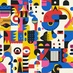 little geometric and colorful figures, optic illustration, pattern, line art, superpuestas, gouache effect, minimal,