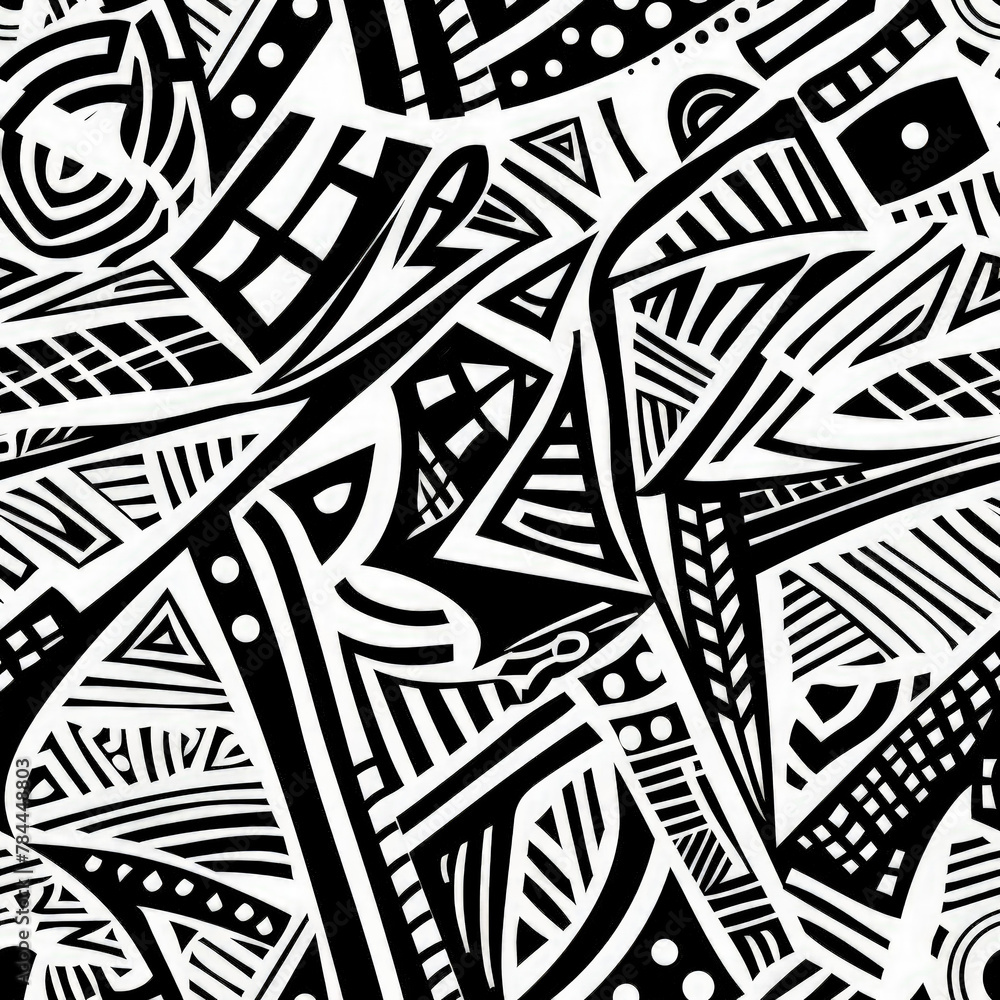 Poster a black and white abstract painting with many shapes and lines. the painting is a mix of different s