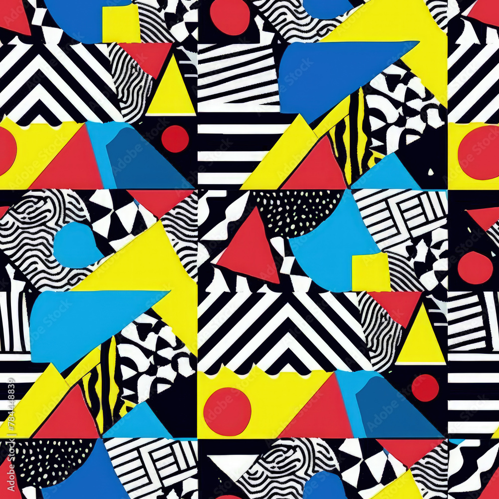 Poster a colorful collage of shapes and squares with a red circle in the middle. the image has a bold and v