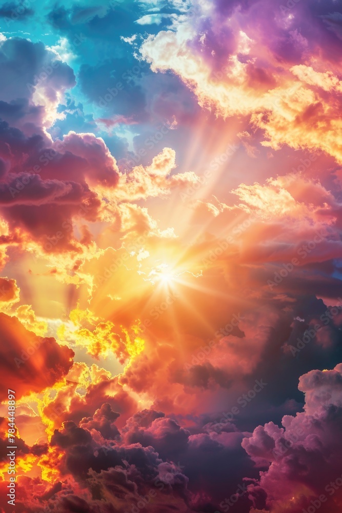 Poster sun shining through clouds, perfect for various projects
