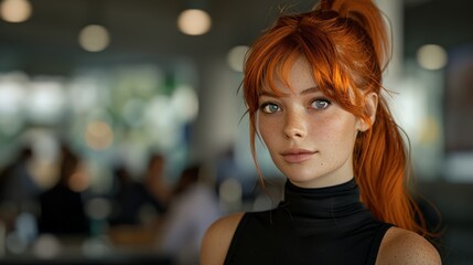 Woman with red hair and black top
