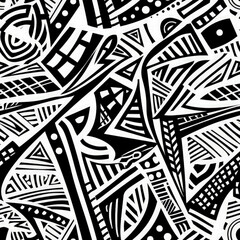 A black and white abstract painting with many shapes and lines. The painting is a mix of different shapes and lines, creating a sense of chaos and disorder - obrazy, fototapety, plakaty